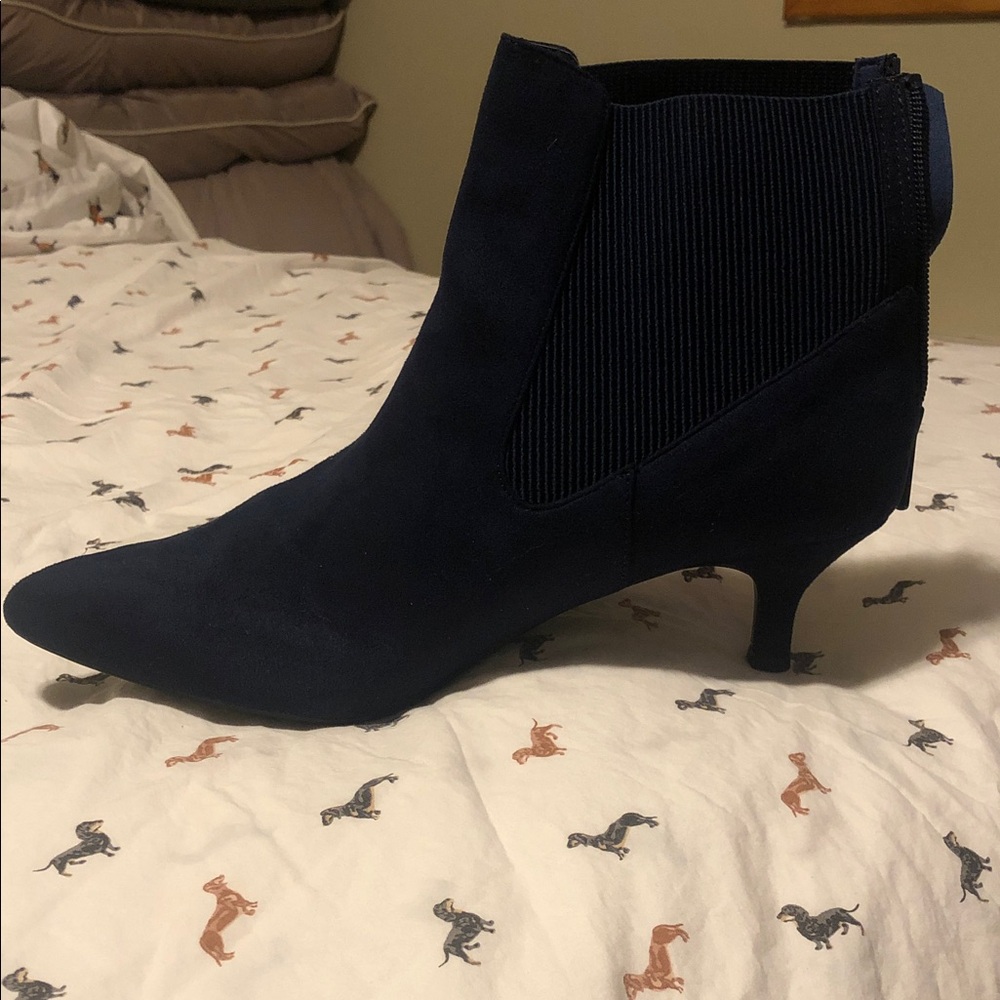 Impo Navy Suede Pointed Kitten Heel Ankle Booties